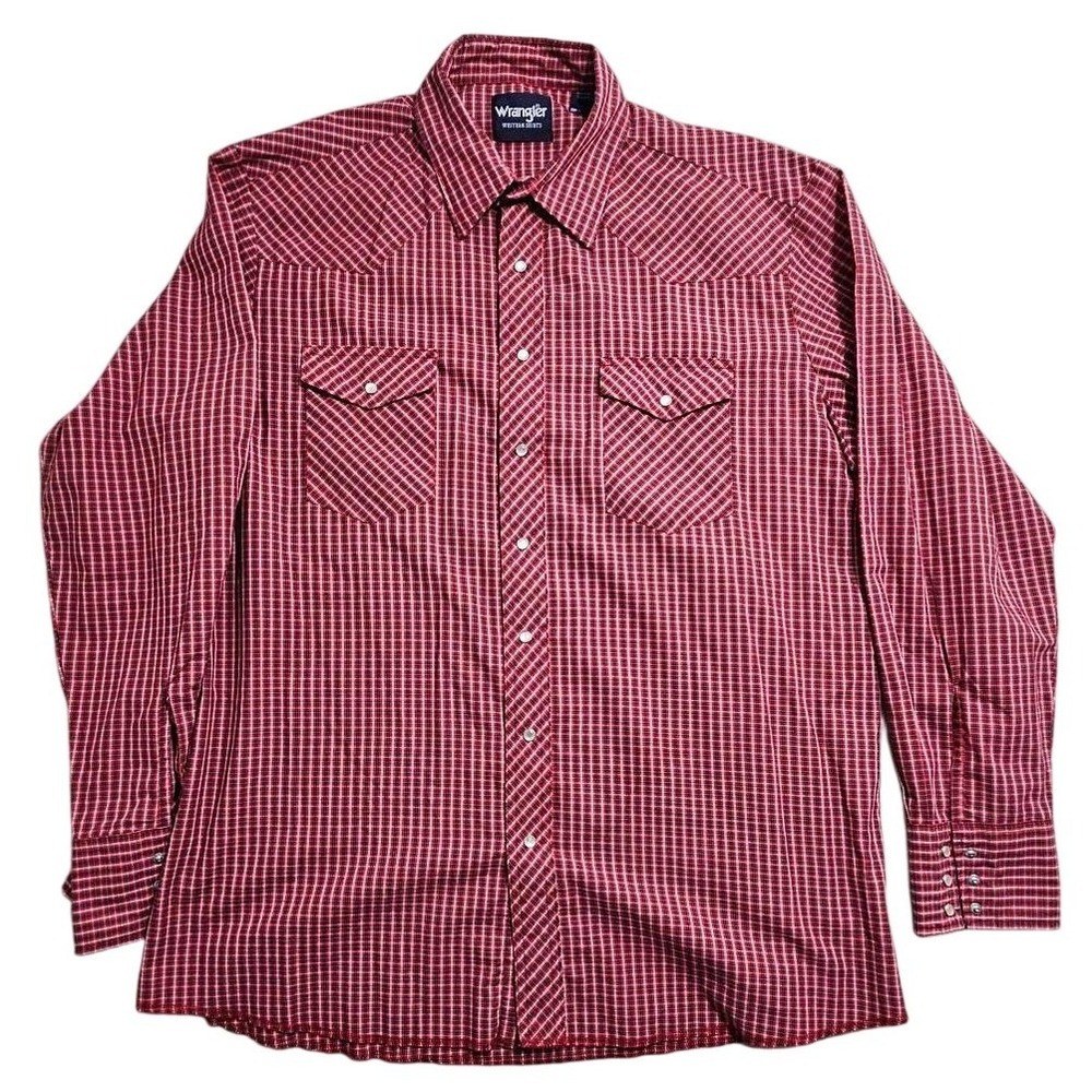 Wrangler Western Shirt Mens XLT Red Black Plaid Pearl Snap Long Sleeve WTMH90601